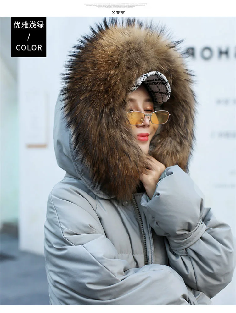 Новое корейское женское пуховое пальто средней длины розового цвета с большим воротником из натурального меха, толстые теплые зимние женские куртки с капюшоном, верхняя одежда 778