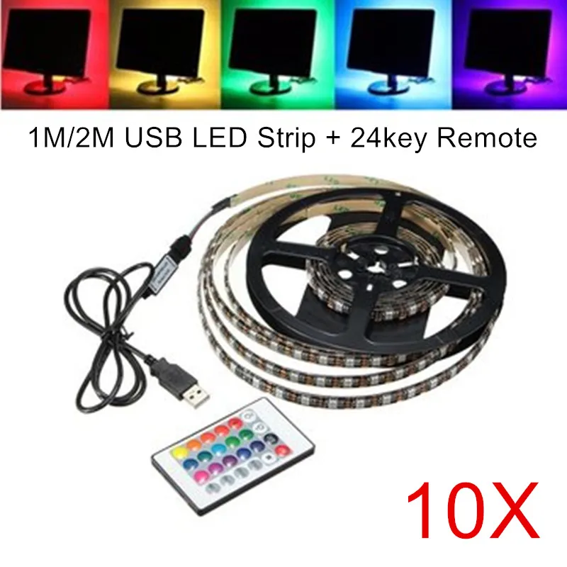 

Низкая цена! Светодиодная лента 5 в 1 м/2 м USB 5050 SMD 60 светодиодов/м RGB Светодиодная лента освесветильник для телевизора комплект подсветильник + пульт дистанционного управления на 24 кнопки, бесплатная доставка