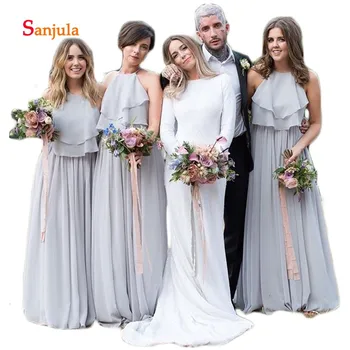 

Grey Chiffon A-Line Bridesmaid Dresses Halter Tiers Ruffles Top Wedding Guest Dresses Simple Long Maid of Honor Gowns D499