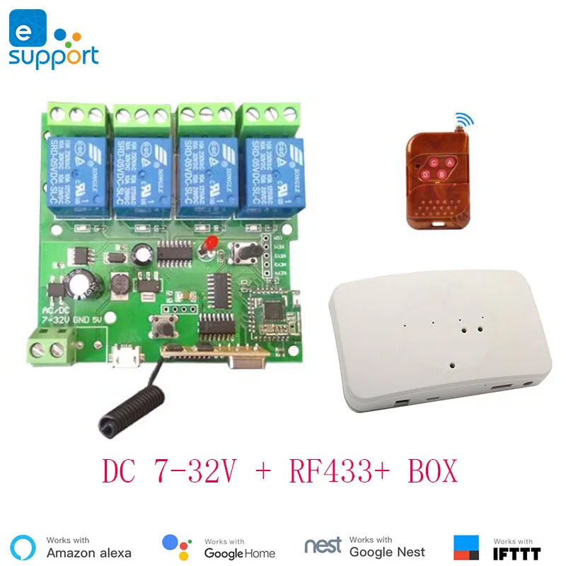 Смарт-коммутатор EweLink 4ch, 4 канала, 433 МГц, 2,4 г, Wifi, пульт дистанционного управления, умные модули автоматизации, 10 А, бытовая техника, Alexa Google - Комплект: DC 7-32V