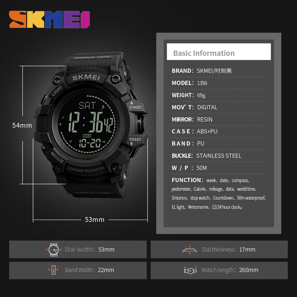 SKMEI 1356 мужские цифровые наручные часы Ночной светильник водонепроницаемые спортивные наручные часы мужские шагомер компас цифровые часы