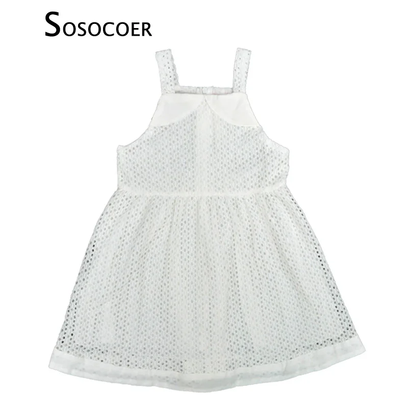 SOSOCOER Girls Suspender Dress White Hollow Kids Dresses For Girl