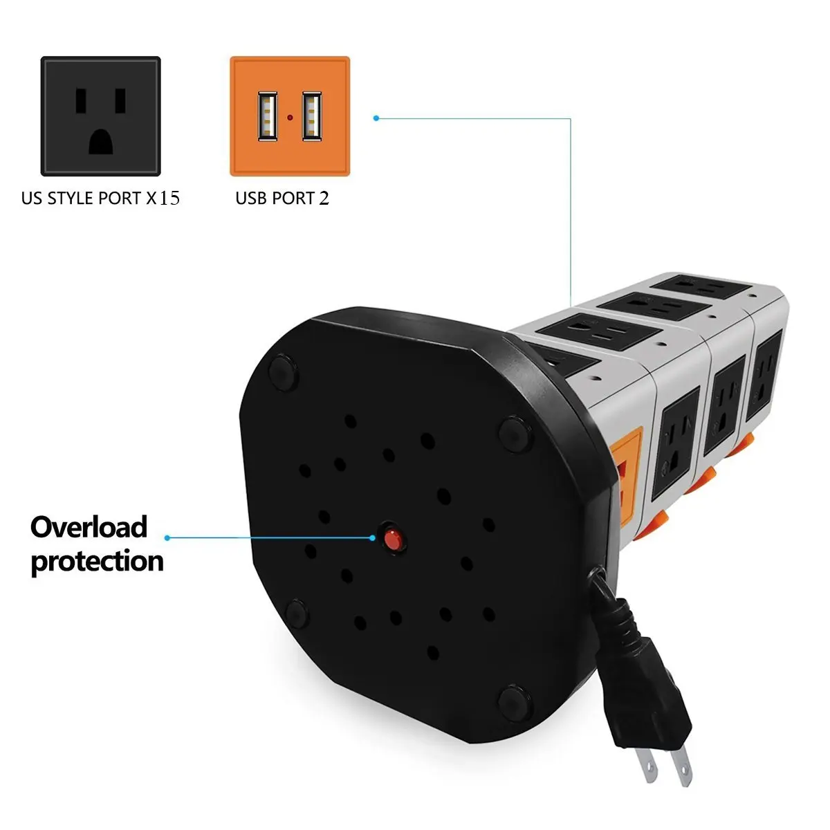 Вертикальный Мощность полоса 7/11/15 Розетка с USB штепсельная вилка американского стандарта розетки удлинитель для головок Стабилизатор напряжения 2500 Вт 10A 2 м/6.5ft удлинитель