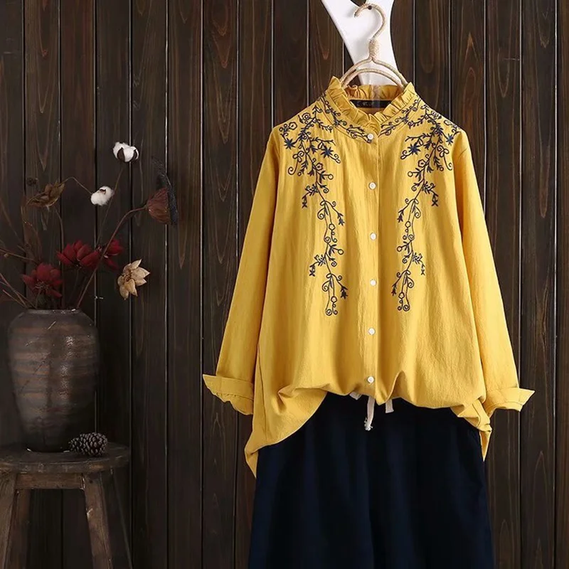 Повседневные блузки со стоячим воротником размера плюс 3 4 XL женские блузки из хлопка и льна с цветочной вышивкой и оборками с длинным рукавом рубашки SWM1017