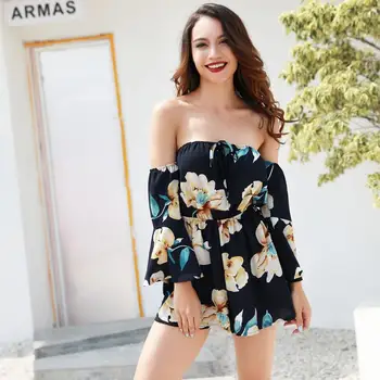 

Summer Floral Print Chiffon Strapless Playsuit Women Backless Sexy Rompers Beach Jumpsuit Short Overalls plus size for women 5xl
