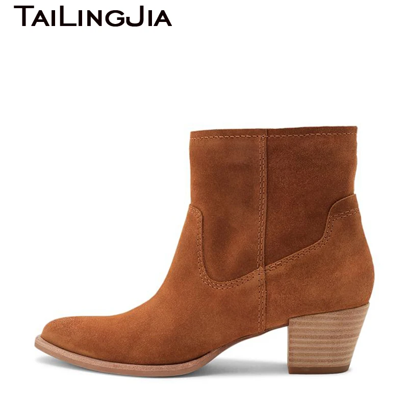 

Real Leather Block Heel Women Short Boots Woman Ankle Boots Winter Fall Keep Warm Ladies Shoes Low Heel Brown Shoes Free Shippin