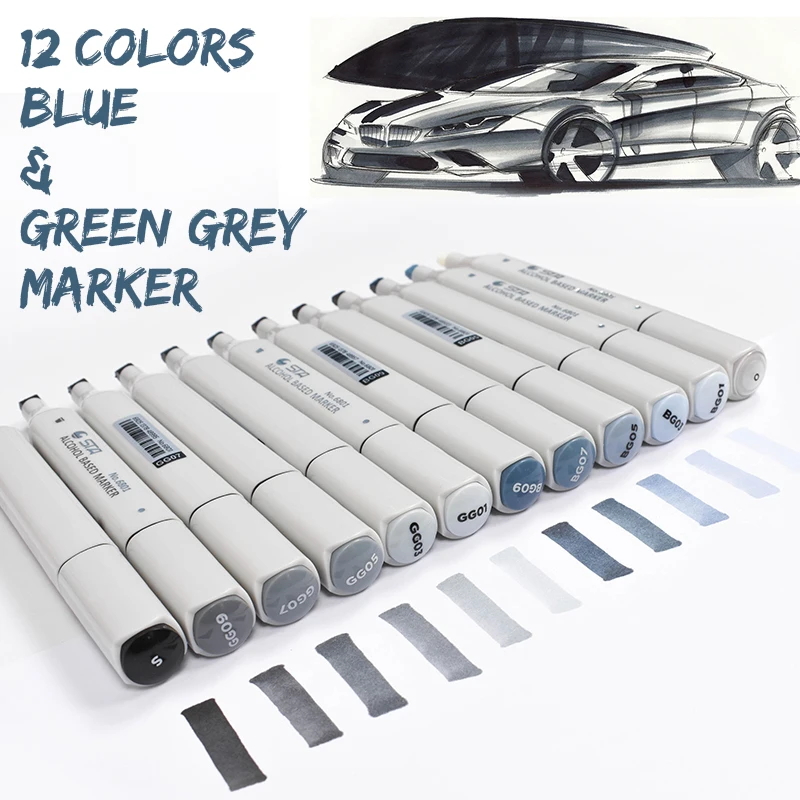 

12 Colors Blue Green Marker Pen Set Double Headed Alcohol Based Art Markers Professional Brush Tip Drawing Pens Art Supplies