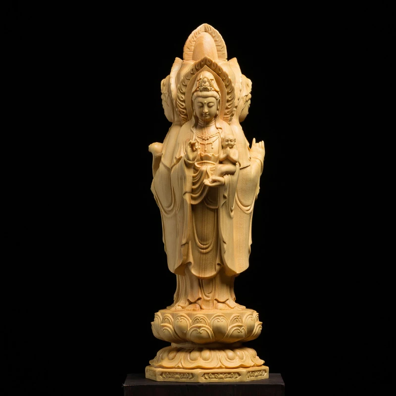 3 Faces Kuanyin Buddha Statue Desk Ornaments Crafts Wood Carving Home