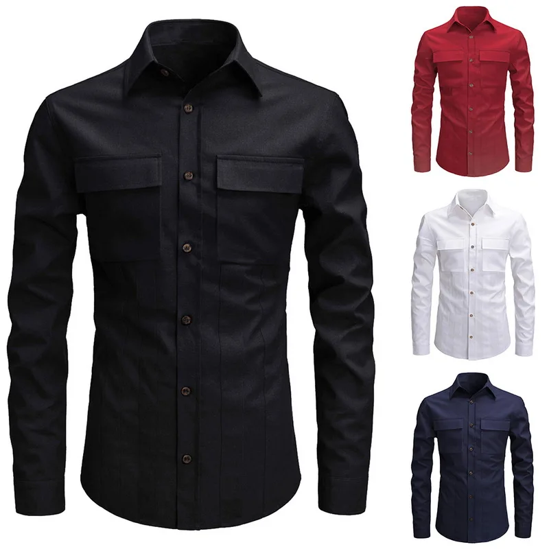 

SHUJIN 2019 Spring Men's Casual Slim Fit Shirt Homme Long Sleeve Button Down Shirt Trun Down Collar Solid Office Tops