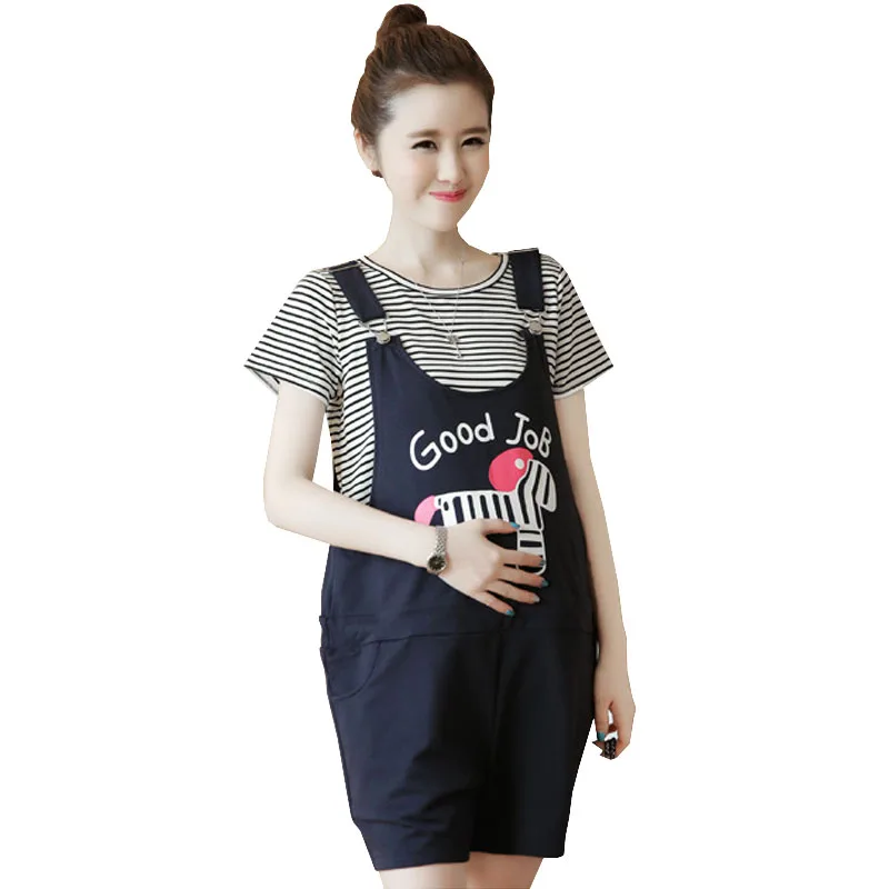 Maternity Tops + Shorts Suit Set For Pregnant Women Clothes Overalls Braced Straps Shorts