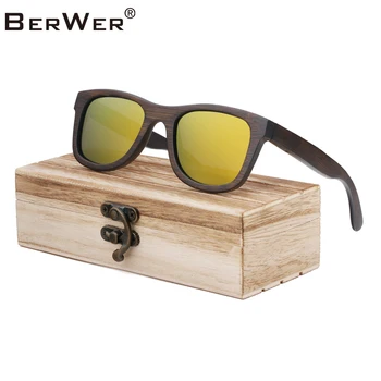 

BerWer Men Summer Style Vintage brown Square Sunglasses Lady With Bamboo Mirrored Polarized Travel Eyewear in Wood Box
