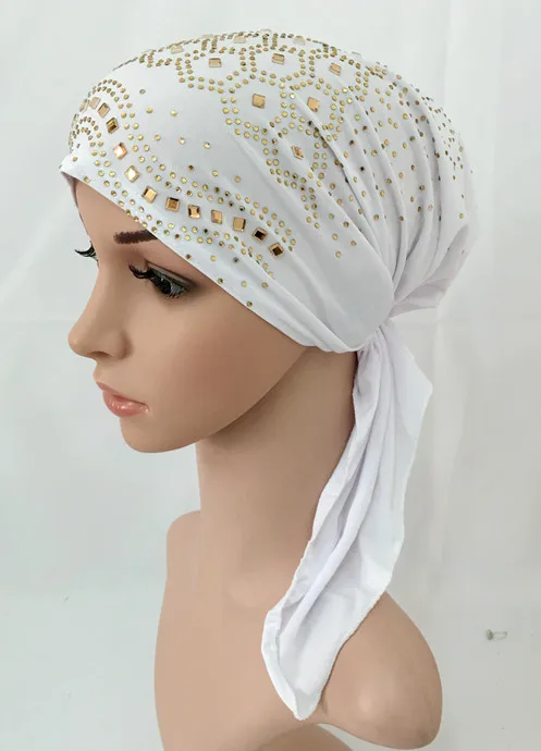 Полный Чехол, стразы, внутренняя мусульманская хлопковая хиджаб, шапка, исламский головной убор, головной убор, подшарф, цвета - Цвет: White