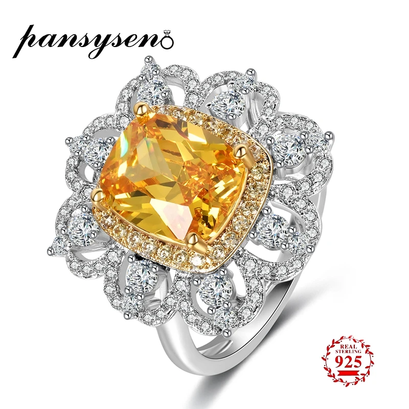 

PANSYSEN NEW Fashion 925 Silver Jewelry Rings For Women Luxury Citrine Engagement Wedding Ring With AAAA Zircon Stones 4 Colors