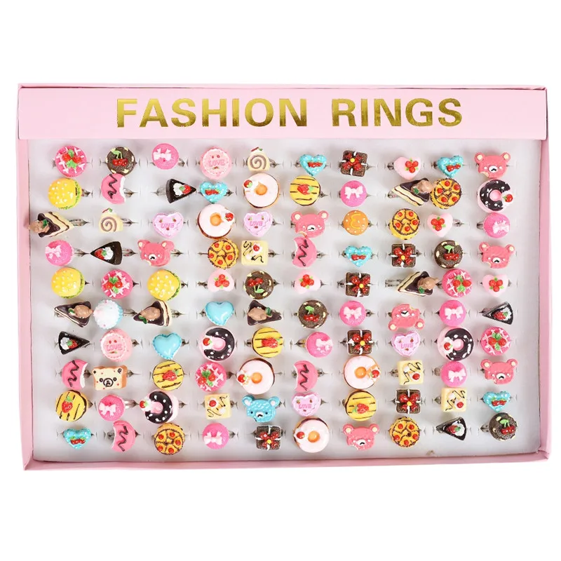 10pcs/Lot Resin Send Randomly Shape Charm Fake Cake Food Kids Rings Lovely Jewelry For Boys Girls Wholesale Party Accessories