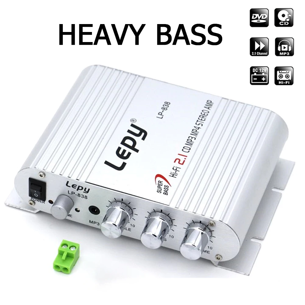 

LP838 Car HI-FI Digital Amplifier MINI Power Amplifier 2.1CH 20W MP3 MP4 Stereo Booster DVD Motorcycle Home BASS Audio Player