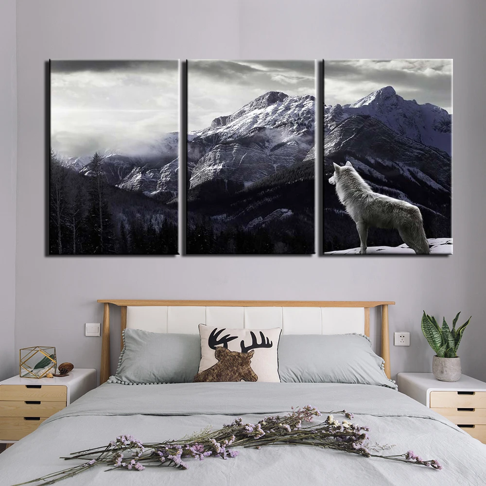 Современная Картина на холсте 3 шт. снег горный волк плакаты Печать на холсте настенные картины для гостиной