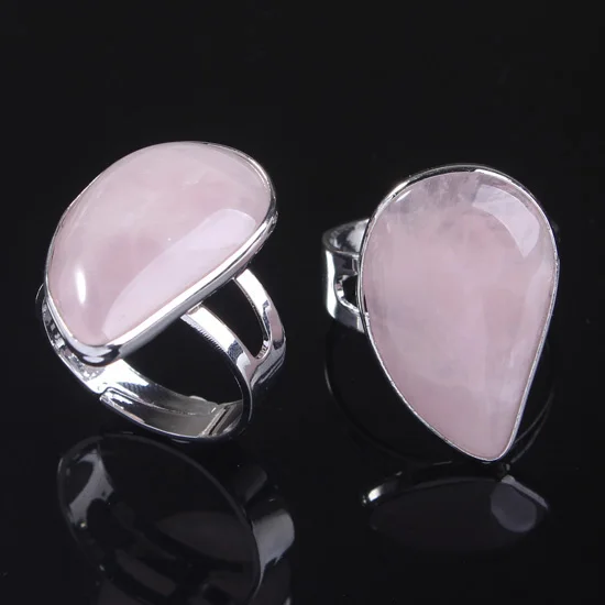

Kraft-beads New Stylish Silver Plated Resizable Water Drop Elegant Ring Natural Rose Quartzs Ring Fashion Jewelry