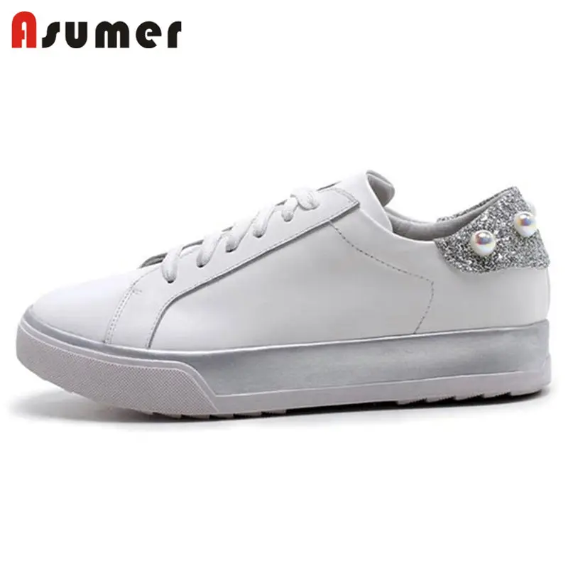 

ASUMER NEW 2018 fashion genuine leather flats women lace up round toe rhinstone flat platform summer shoes casual shoes