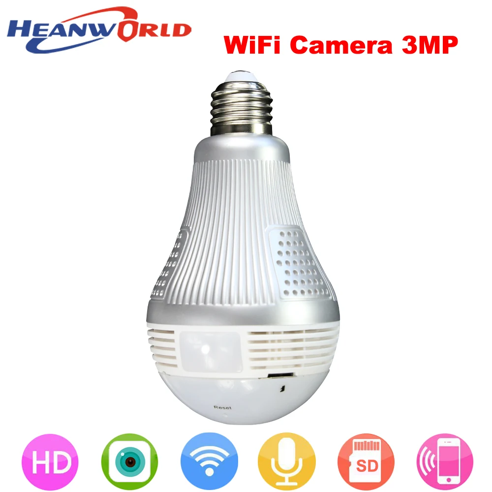 

Heanworld newest hd h.264+ 3mp wifi camera two way audio 360VR intelligent bulb support micro sd card security camera