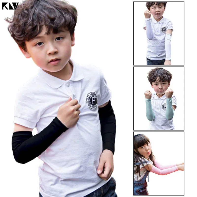 

KLV Children Summer UV Protection Ice Silk Cooling Arm Sleeves Solid Color Outdoor Sunblock Protective Long Fingerless Gloves