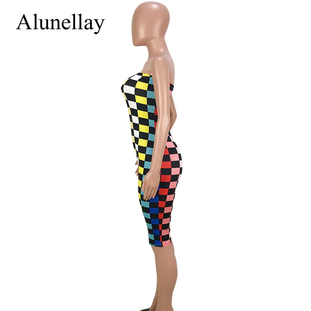 Alunellay Sexy Club Bodycon Strapless Playsuit Women Multicolor Plaid Short Rompers Jumpsuit Sleeveless Backless Playsuits Women