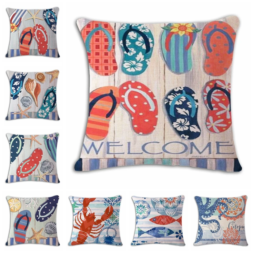 

Hand-printed Ocean Beach Cushion Cover Woven Linen Family Affection Sofa Car Seat Family Home Decorative Throw Pillow Case