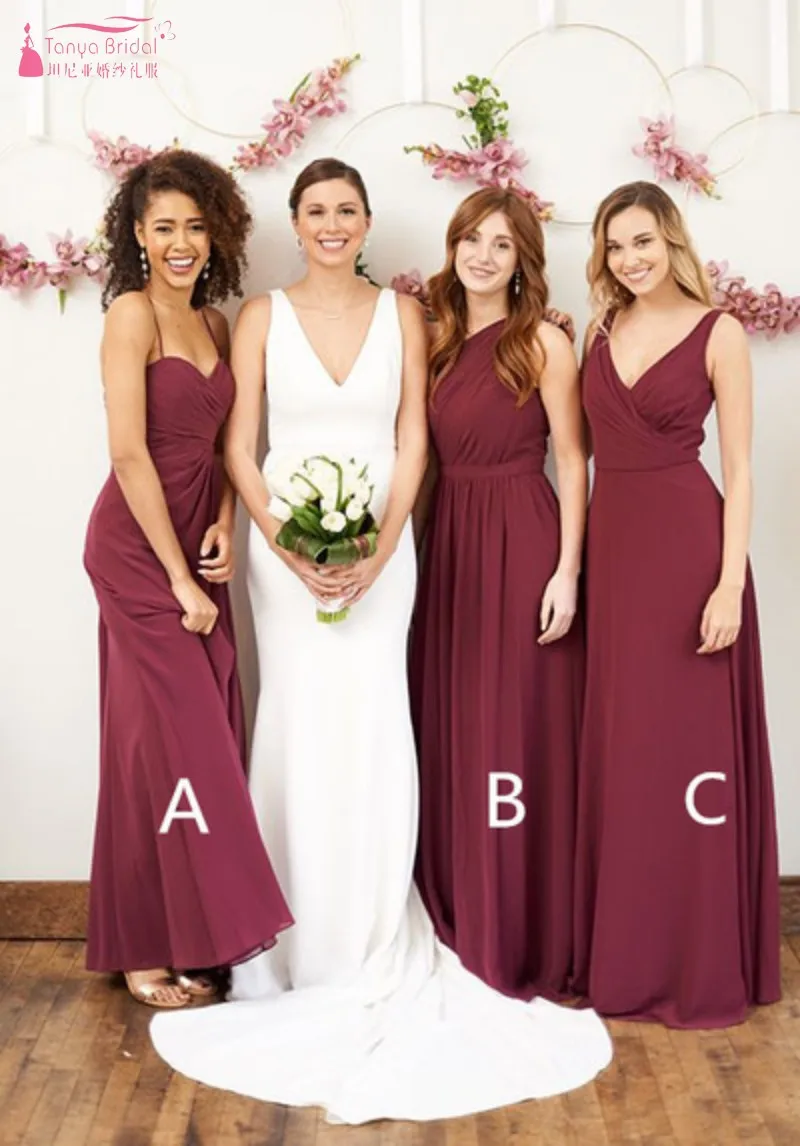 Mismatched Maroon Long Chiffon Bridesmaid Dresses A B C Burgundy Mismatched Maroon Long Chiffon