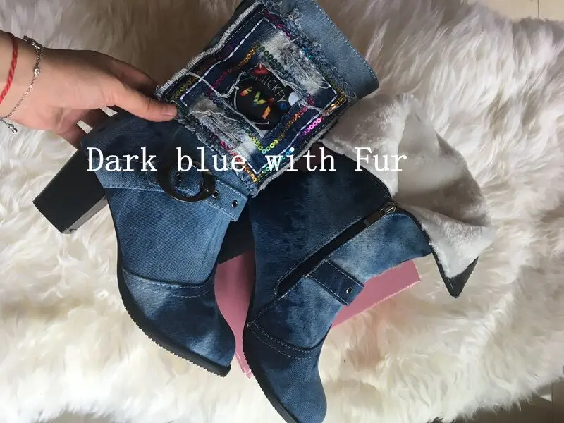 ASILETO/джинсовые укороченные джинсы средней высоты; женские ковбойские ботинки синего цвета на молнии с пряжкой на высоком каблуке; сезон осень-зима; женские повседневные ботинки с круглым носком - Цвет: Dark blue fur