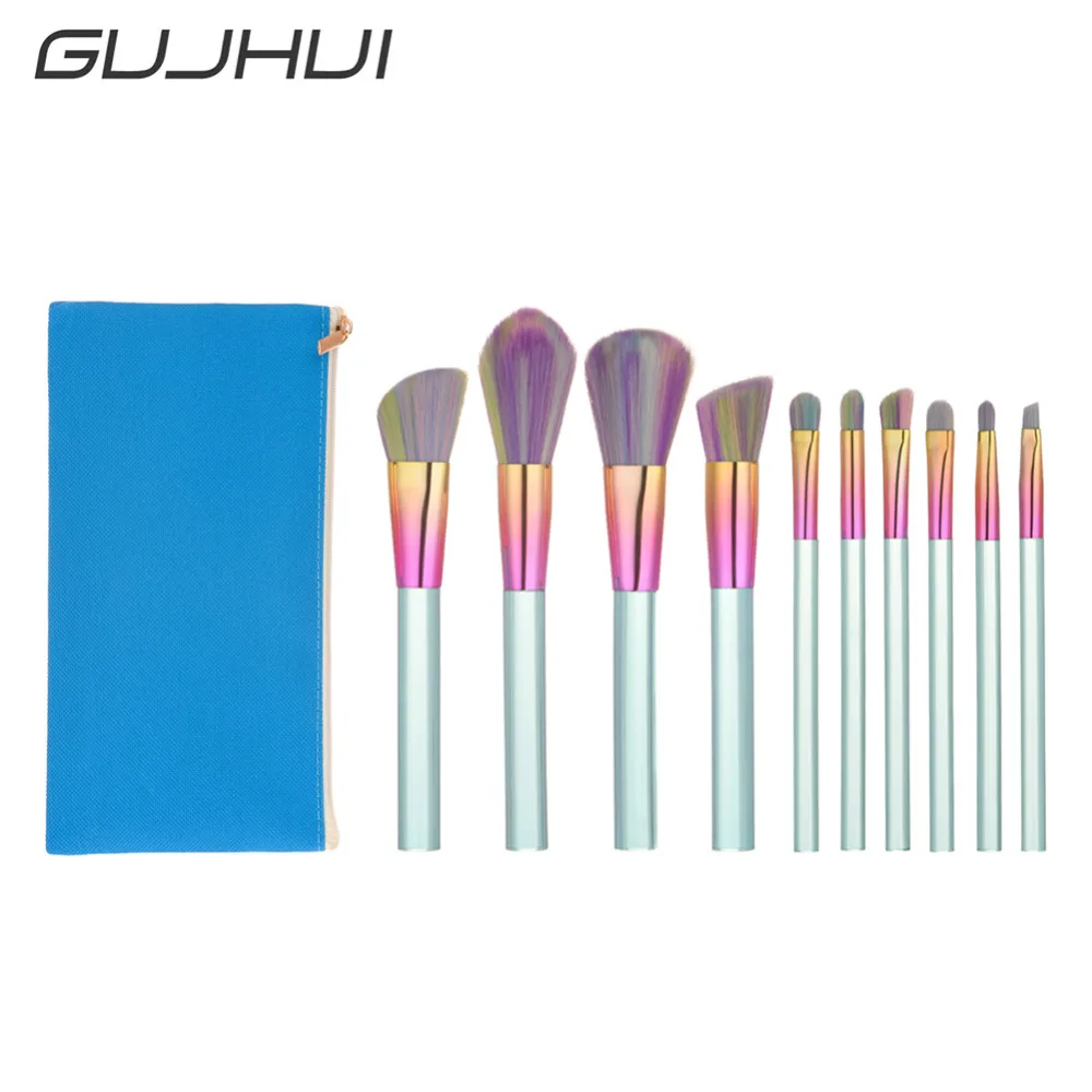 

GUJHUI 10Pcs Makeup Brushes Set Foundation Contour Blusher Eyebrow Brush + 1Pc Cosmetic Bag Pincel Maquiagem Makeup Brushes