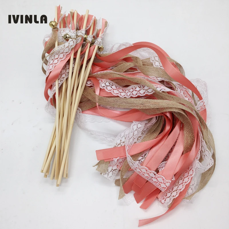 

Newest-50pcs/lot Coral + jute barlap nature + Lace Wedding Ribbon Wands,Wedding Confetti Stream Ribbon Sticks Wands with Bells