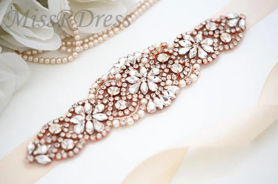 

MissRDress Wedding Dress Belt Crystal belt Rose Gold Rhinestones Crystal Pearls Bridal Sash For Wedding Gown Bridal Belt JK837