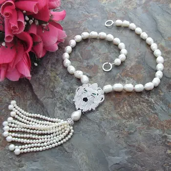 

Hand knotted white rice freshwater pearl micro inlay zircon the lion accessories tassel pendant sweater necklace long 58 cm