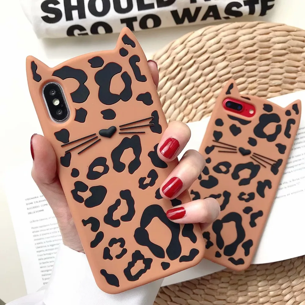 

Fashion Cute 3D Leopard Cats Case For iPhone 5 6 6S 7 8 Plus X XS Max XR Cartoon Soft Silicon Scrub Coque With 3D Cat Ears Shell