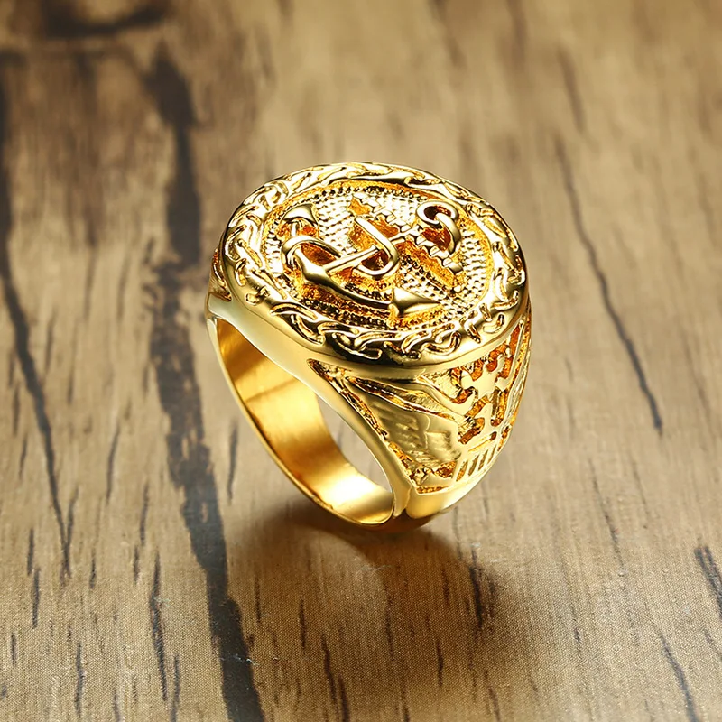 Кольцо для мужчин в стиле панк, байкер, якорь, печатка, золотой тон, нержавеющая сталь, роскошное кольцо, ретро стиль, Мужской палец, ювелирное изделие, аксессуары для мужчин