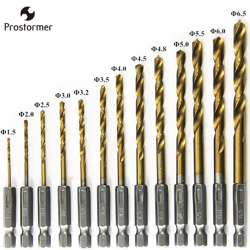 

Prostormer 13pcs High Speed Steel Twist Drill Bit Metal Titanium Coated Drill 1/4 Hex Shank 1.5- 6.5mm Power Tools Accessories