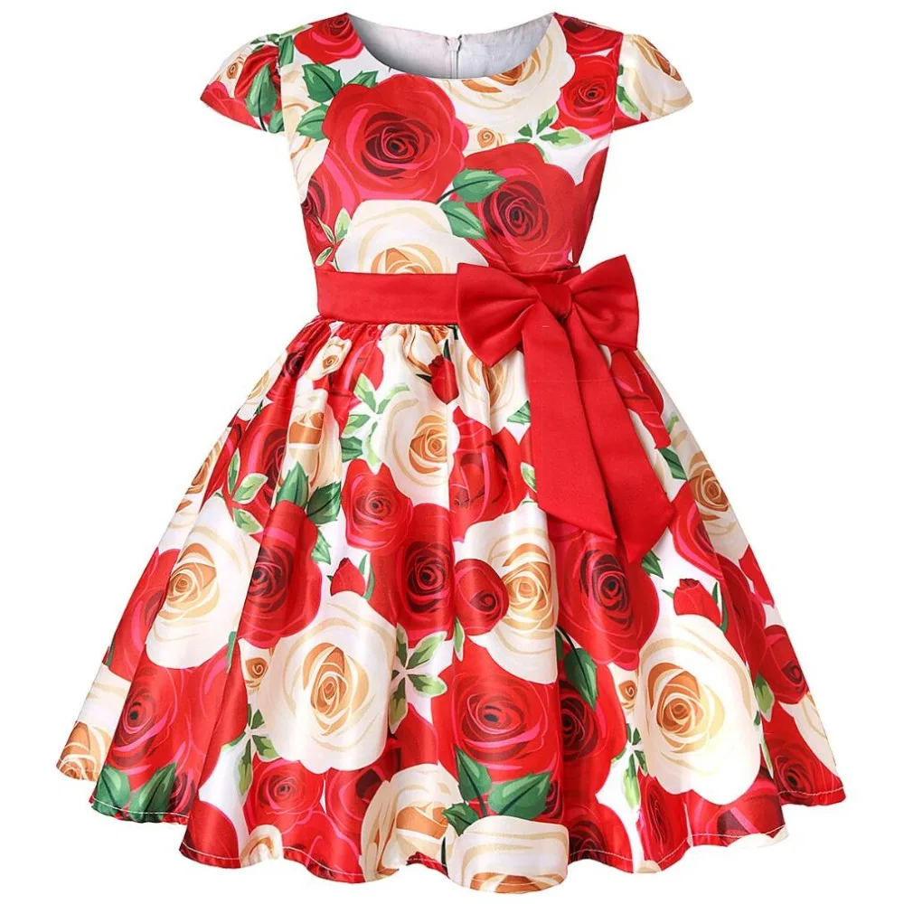 Летнее платье с принтом розы для девочек атласное платье принцессы для свадебной вечеринки, дня рождения, vestidos, платья для девочек 3, 4, 5, 6, 7, 8 лет