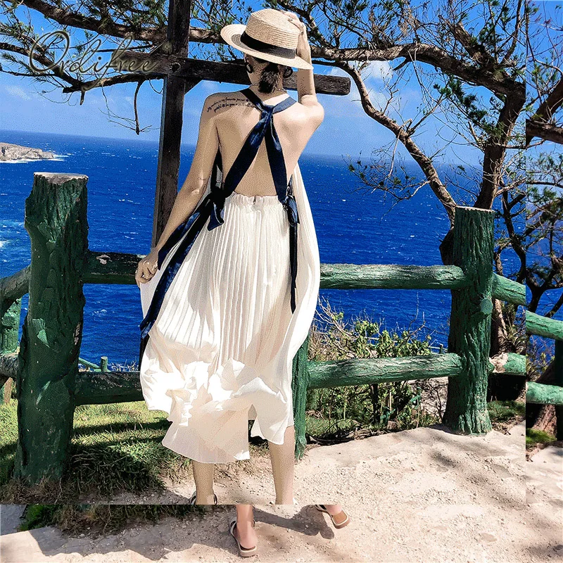 

Ordifree 2019 Summer Women White Long Beach Dress Halter Sexy Backless Maxi Dress