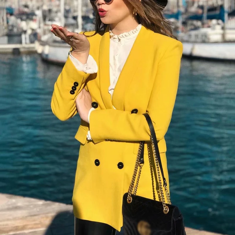 

Twill Women Elegant Blazer Yellow Ladies Notched Collar Casual Suits 2019 Spring-Autumn Solid Girls Chic Blazers Jackets Top set