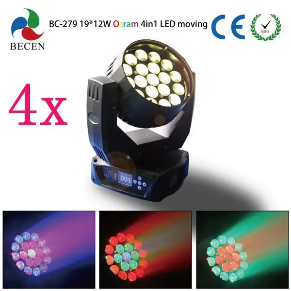 4 шт./лот сенсорный экран 19x12 Вт RGBW 4в1 светодиодный зум движущийся головной свет dmx