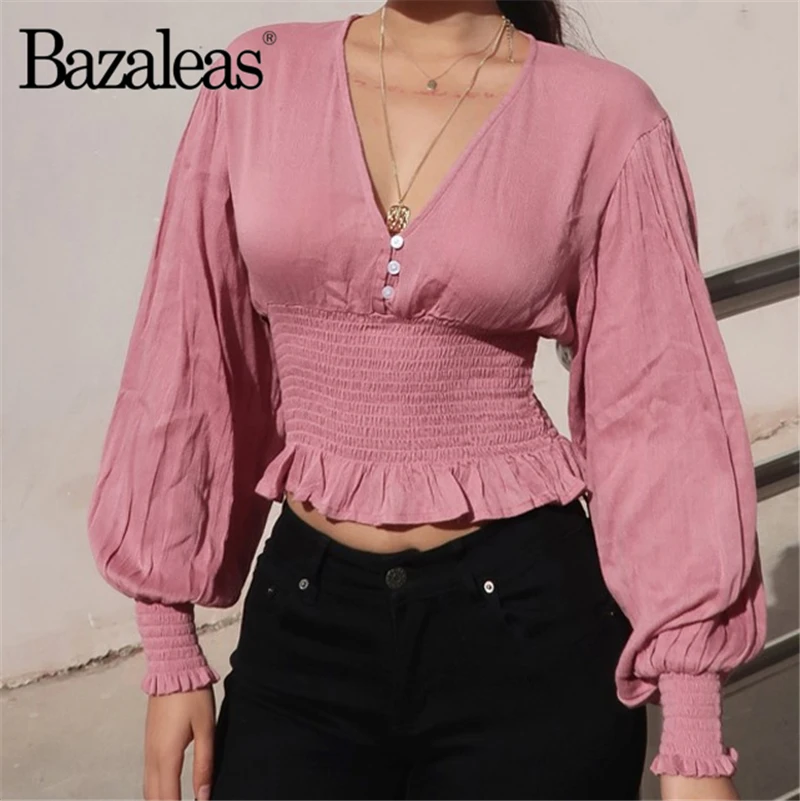 Bazaleas тонкий пуговицы Blusa Feminina розовый укороченный blusas mujer de moda Винтаж рубашка с оборками повседневное Женские топы и блузки для малышек