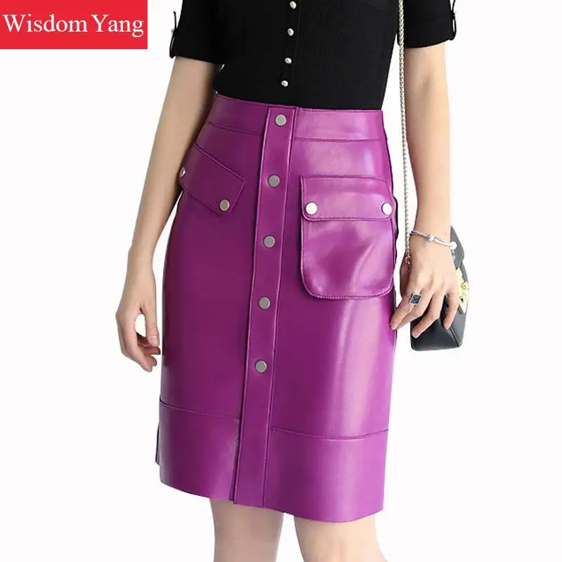 Zwart Rood Paars Real Schapenhuid Lederen Rok Hoge Taille Midi Vrouwen Knop 2018 Zakken Office Party Dames Rok Zwart Rood Paars Real Schapenhuid Lederen Rok Hoge Taille Midi Vrouwen Knop 2018 Zakken Office Party Dames Rok