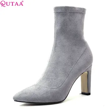 

QUTAA 2019 Women Sock Boots Fashion Women Boots Platform Slip on Square High Heel Mid Calf Women Motorcycle Boots Big Size 34-39