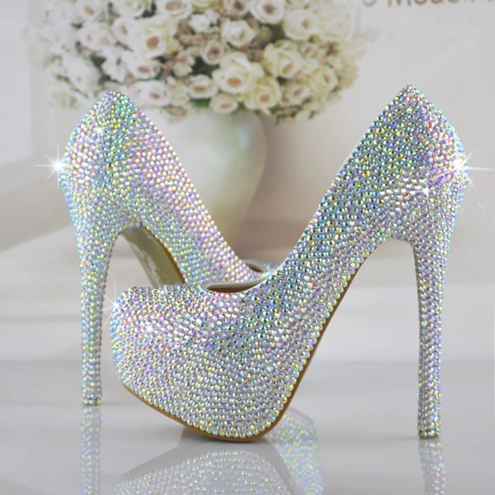 Fashion handmade crystal wedding shoes colorful rhinestone high heeled shoes sparkling diamond bride shoe big size