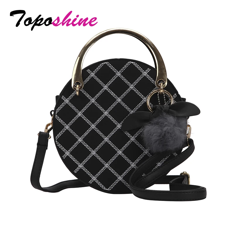 

Toposhine Autumn Warm Color Circular Quality Metal Women Handbag Diamond Pattern PU Leather Thread Cute Bow And Pompom Girl Bags