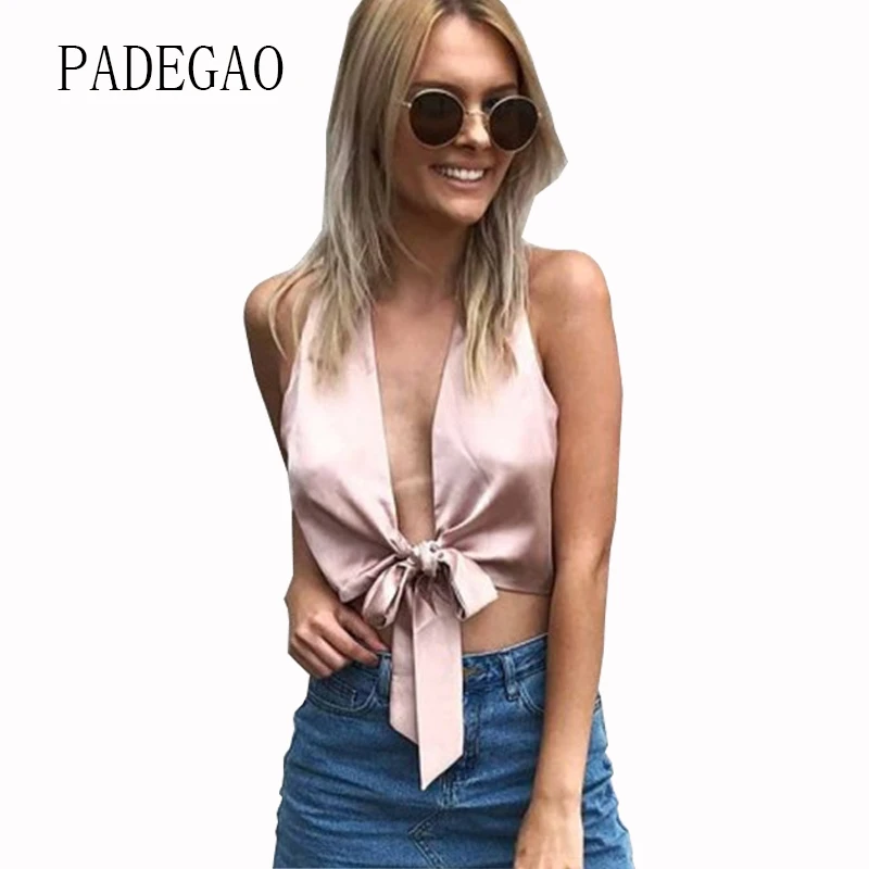 

Bow Pink Crop Tops Summer Halter Sexy Short Croptop Women 2017 Cropped Feminino Tank Top V-Neck Femme Blusa Bralet