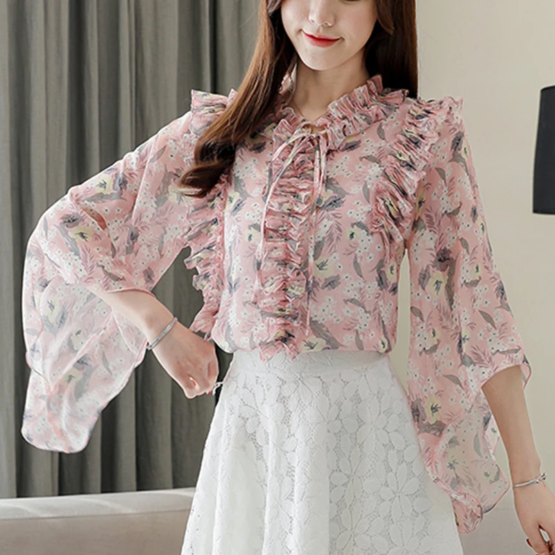 

Summer new fashion Women Clothing Half sleeves Ruffle Chiffon Print floral Female Vintage Blouses shirts Top Chemise Femme 90F3