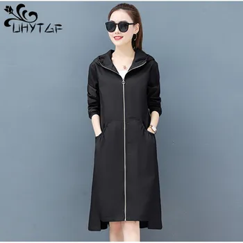 

UHYTGF Spring Korean Women Clothing Hooded Windbreaker Jacket Female Elegant Loose Fashion Medium long section Plus size coat 98