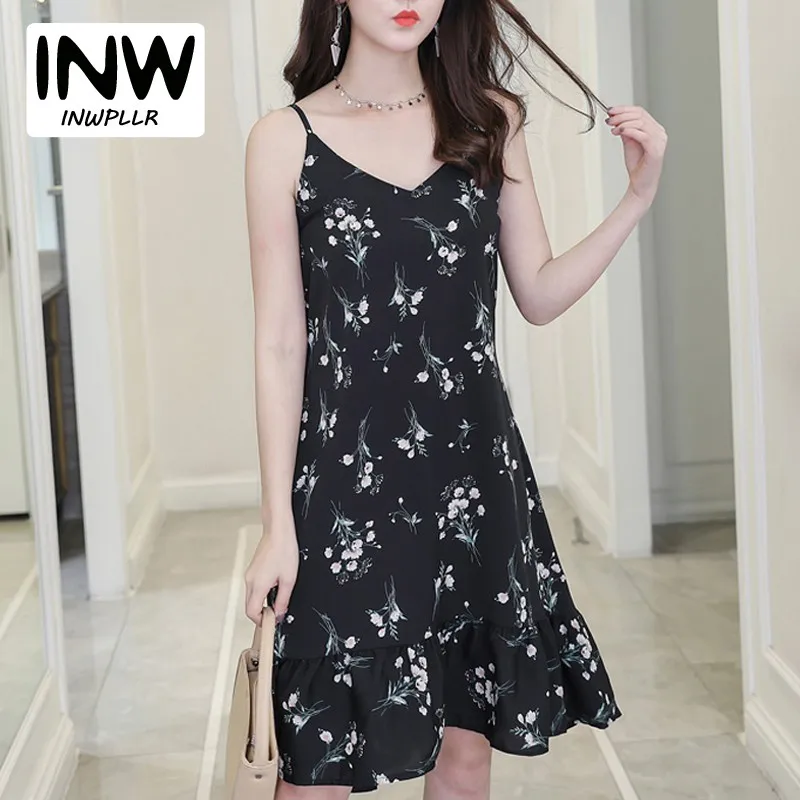 

Robe Femme Ete 2018 Chiffon Floral Dress Femininas Vestidos Mujer Summer Sleeveless Casual Dresses Printed Strap Dress Women
