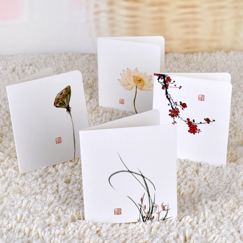Chinese Plant Greeting Card Creative Classical Simple Message DIY Folding Valentine's Day Birthday New Year's Day 4pcs