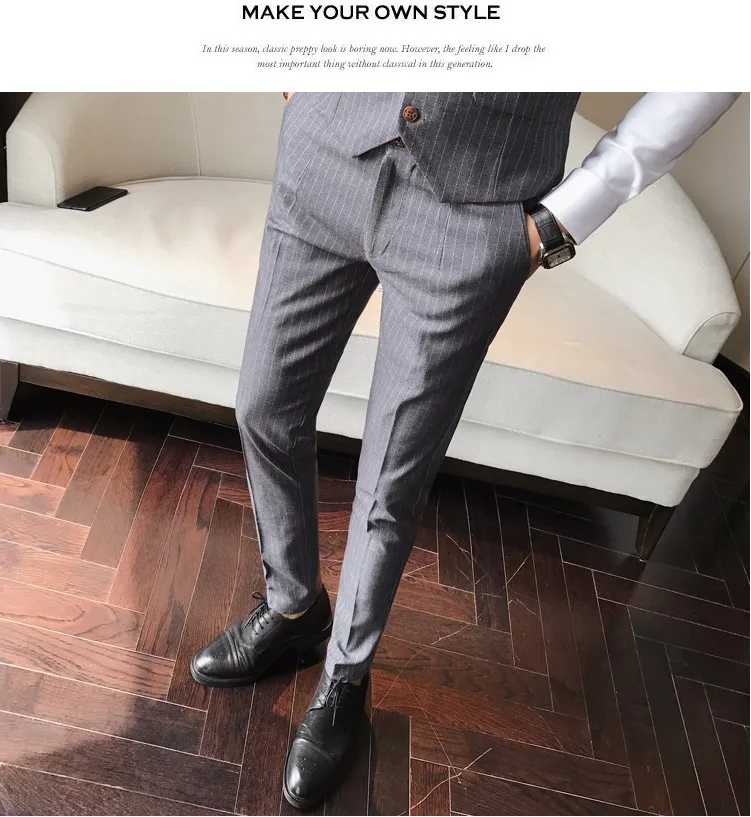 Формальные Брюки для Для мужчин Stripe Slim Fit костюм Бизнес свадебные Брюки Модный прямой Повседневное высокое качество Для мужчин s Брюки A5570